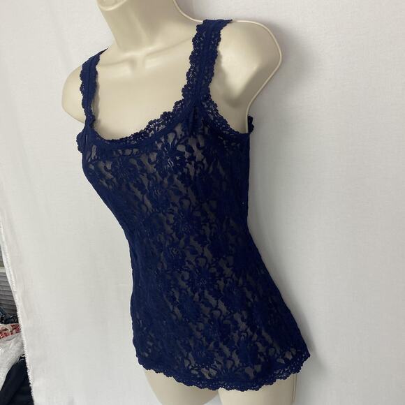 Vtg Hanky Panky Tank Top Women Small Navy Blue Lace Floral Sheer Stretch USA Y2K - Picture 2 of 13